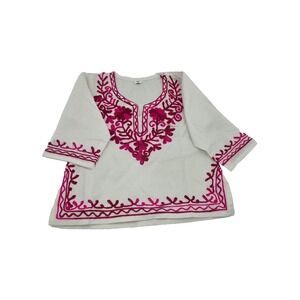 Handmade Nepal Embroidered Cotton Top Women's Small White Pink Boho Tunic